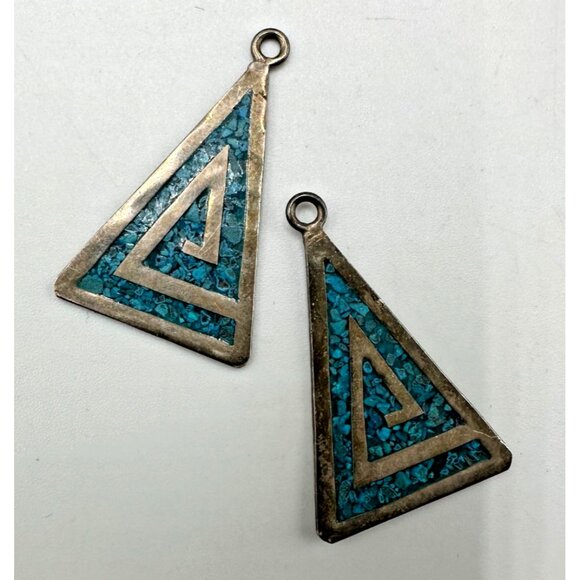 Vintage Taxco Mexico Pendants 925 Sterling Silver Turquoise Inlay Triangle - Picture 1 of 8